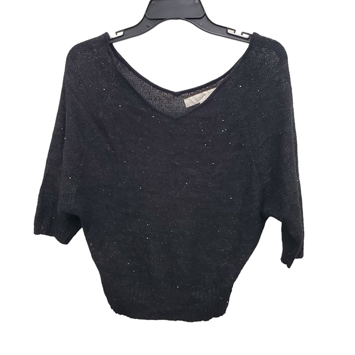 Ann Taylor LOFT Women's Black Mesh Knit Sequin Dolman Sleeve Pullover Sweater XS