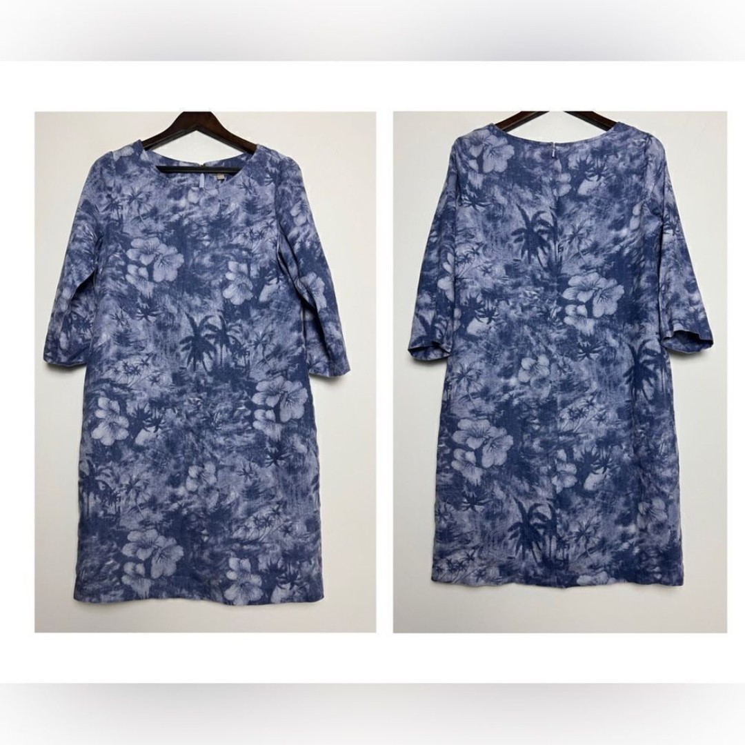J. Jill 100% Linen Blue Hawaiian Print 3/4 Sleeve Shift Dress Size 8