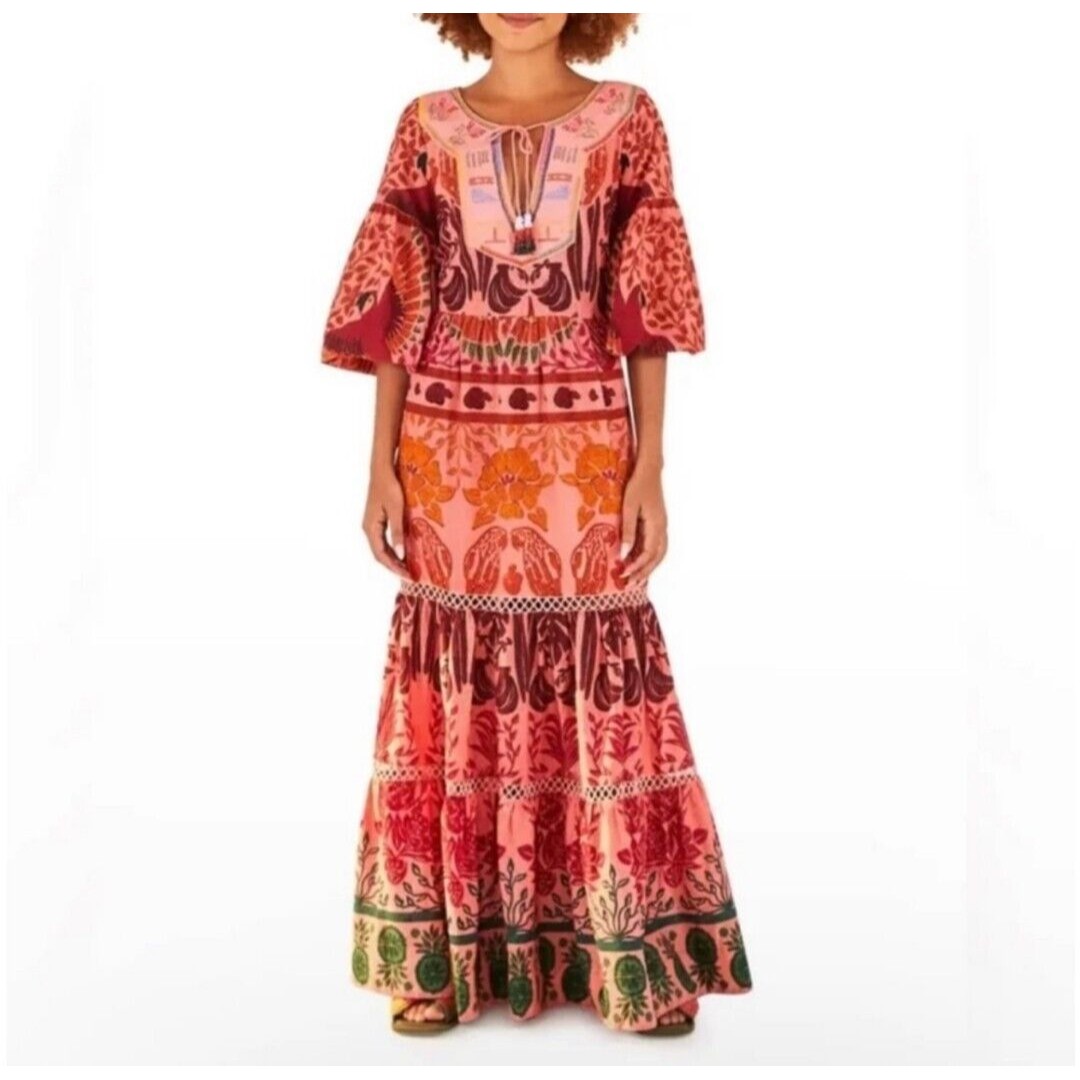 FARM Rio Ainika Macaws Print Boho Vacation Resort Tiered Maxi Dress
