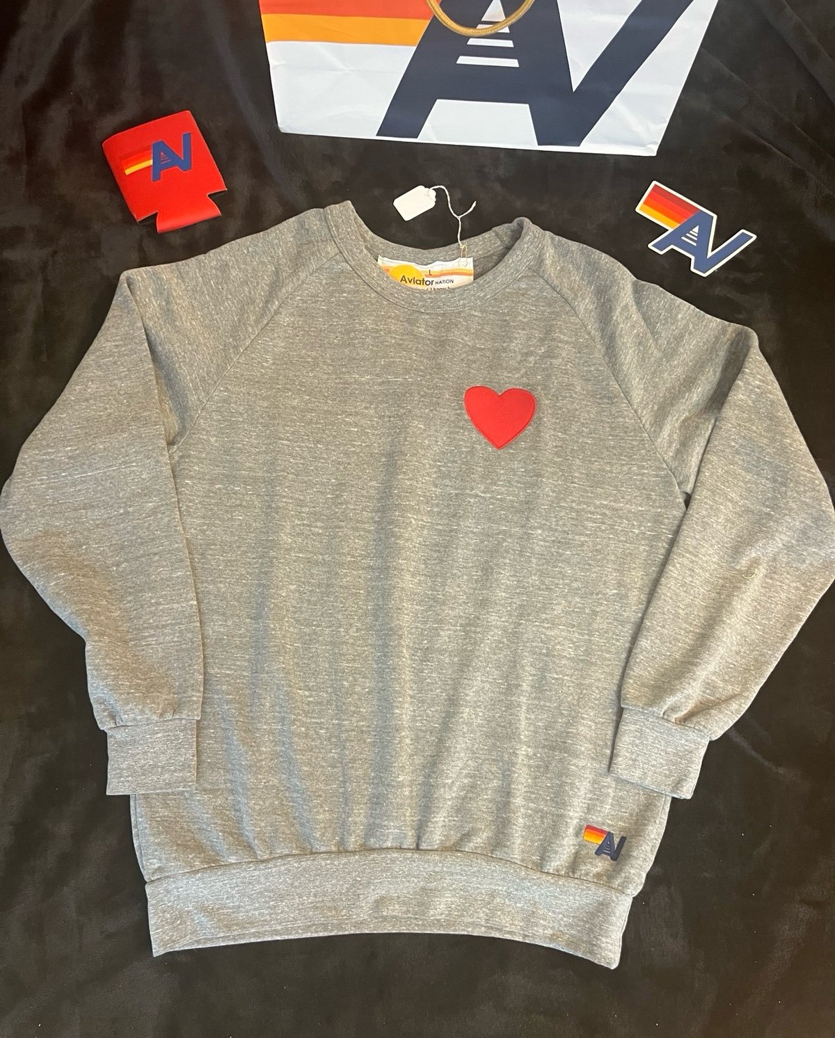 New with tag Aviator Nation Heart Embroidered Crew Size Large Heather Grey
