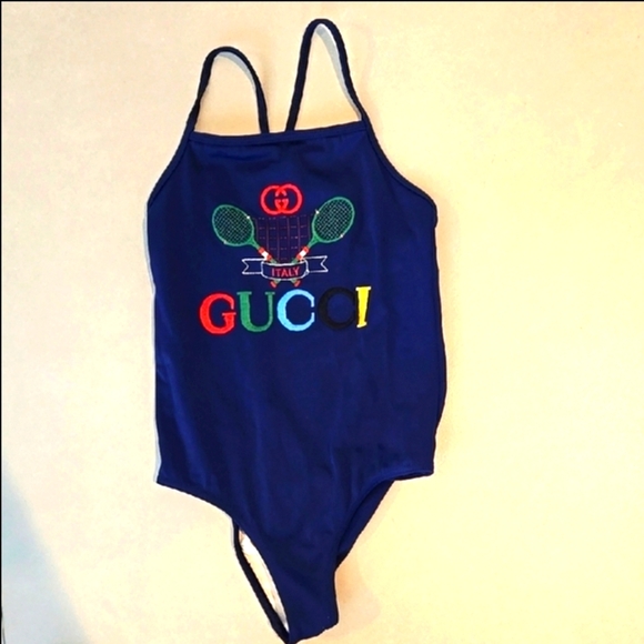 Gucci Girls Blue Swimsuit with Embroidered Classic Tennis Logo
