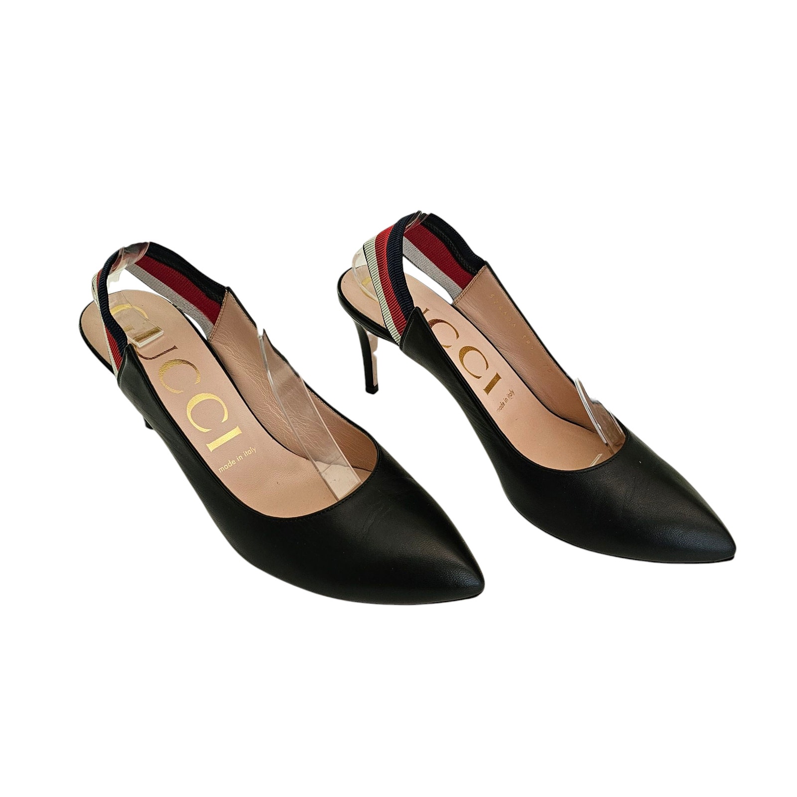 Gucci Sylvie Web Stripe Slingback Heel Pump Size 38.5 US 8.5 Black Leather