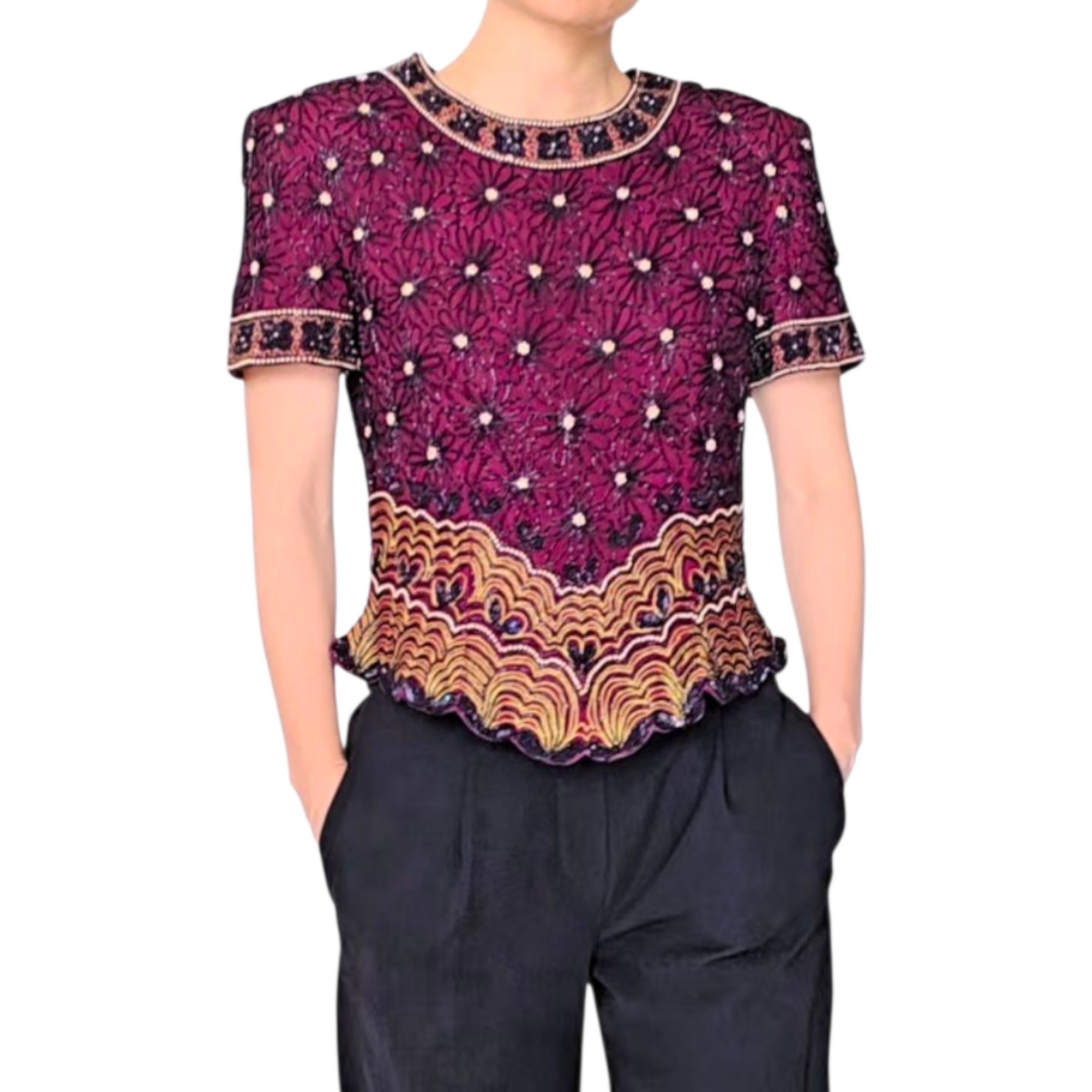 Vintage Papell Boutique Burgundy Formal Sequin Beaded Floral Silk Top Size S M L