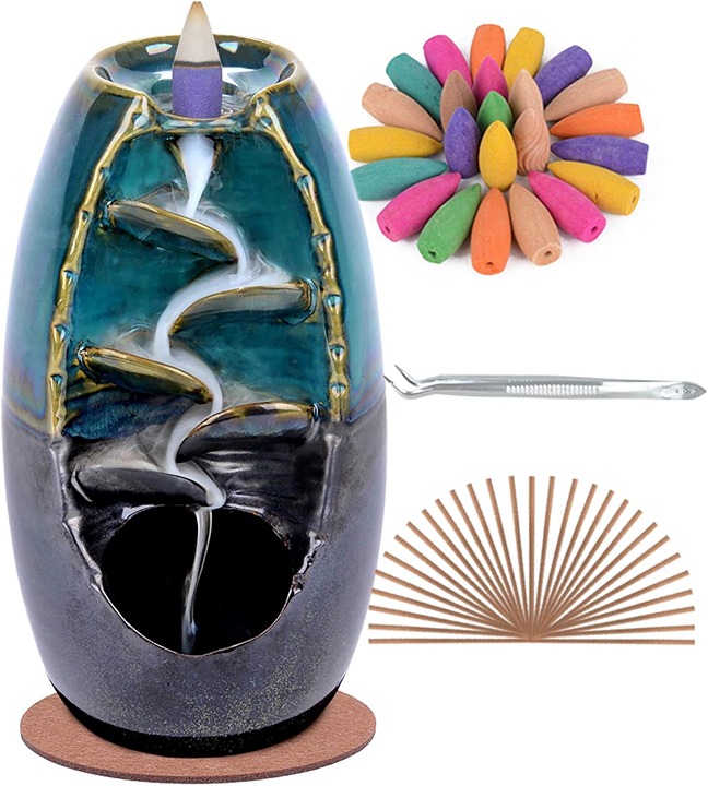 Ceramic Incense Holder and Incense Waterfall with 120 Backflow cones blue
