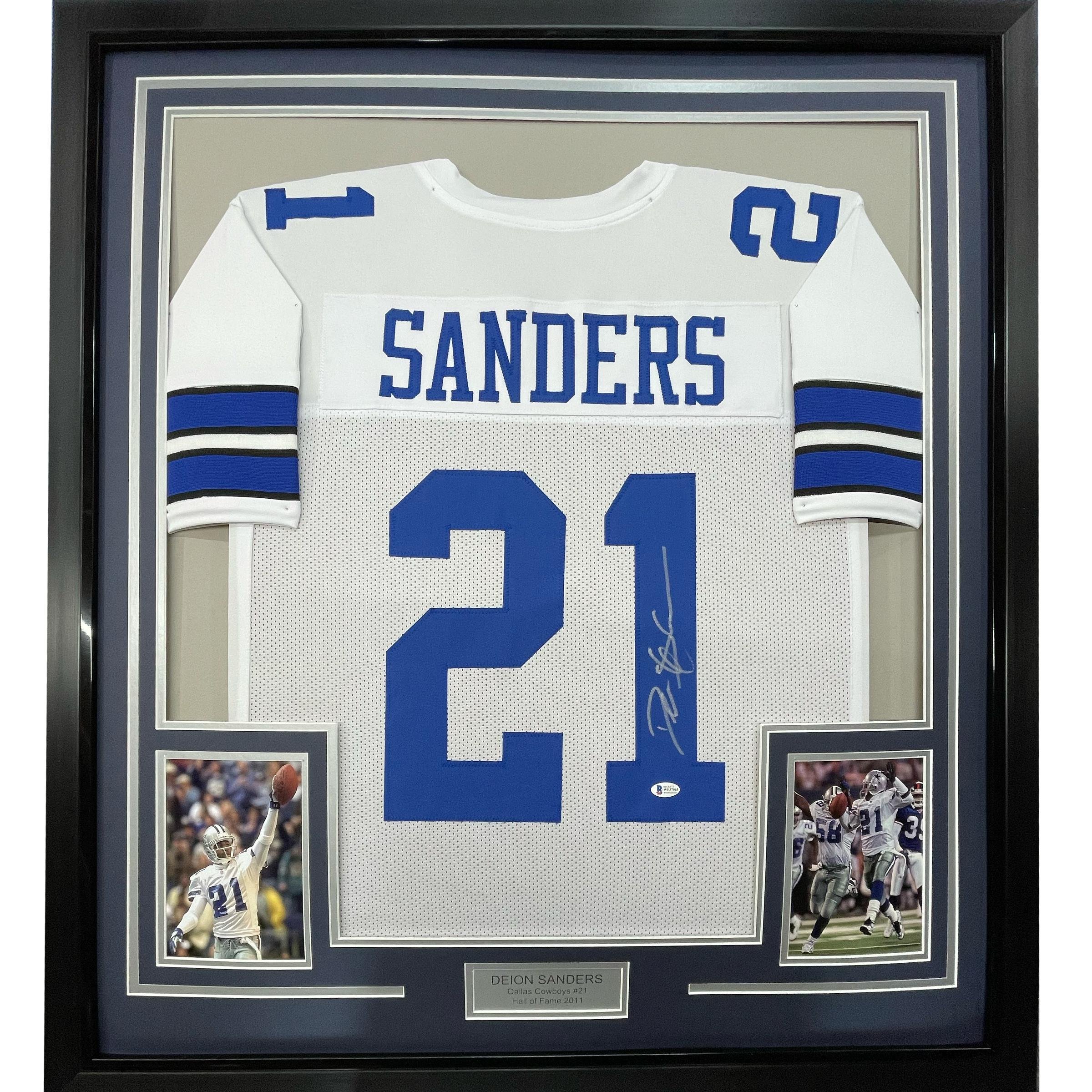 Framed Autographed/Signed Deion Sanders 33x42 Dallas White Jersey Beckett BAS C