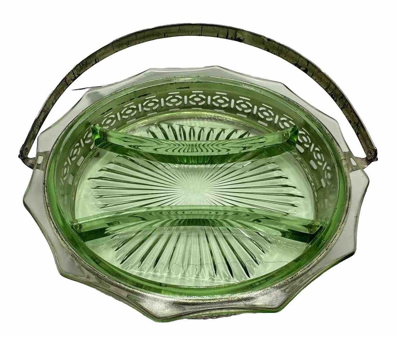 Depression Glass Antique VTG Green Divided Section Dish Plate Holder 9.5In