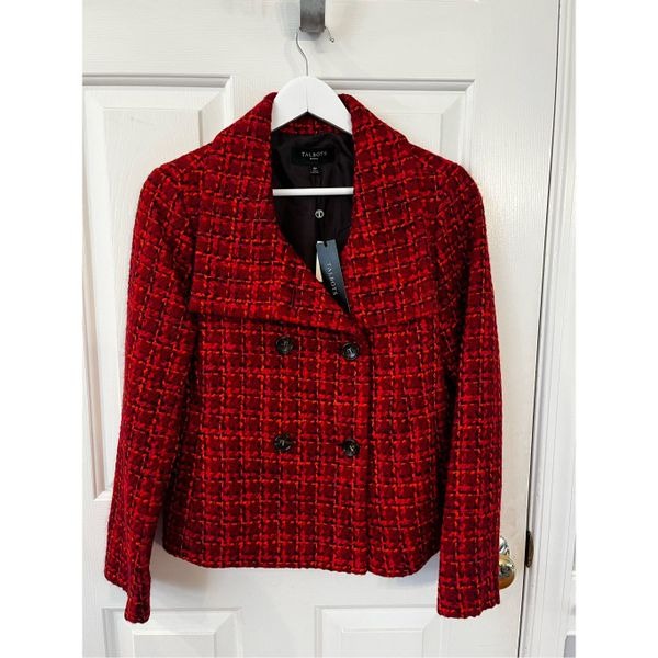Talbots Red Orange Pink Tweed Double Breasted Jacket Blazer sz 10P NWT