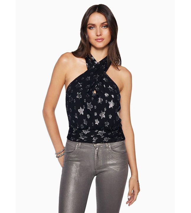 Ramy Book Louise Metallic Star Silk Blend Halter Top