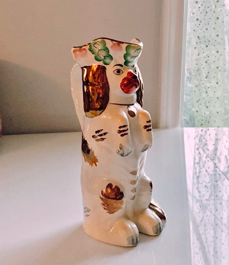 19th Century Staffordshire Begging Spaniel Toby Jug w/ Copper Gold Accents