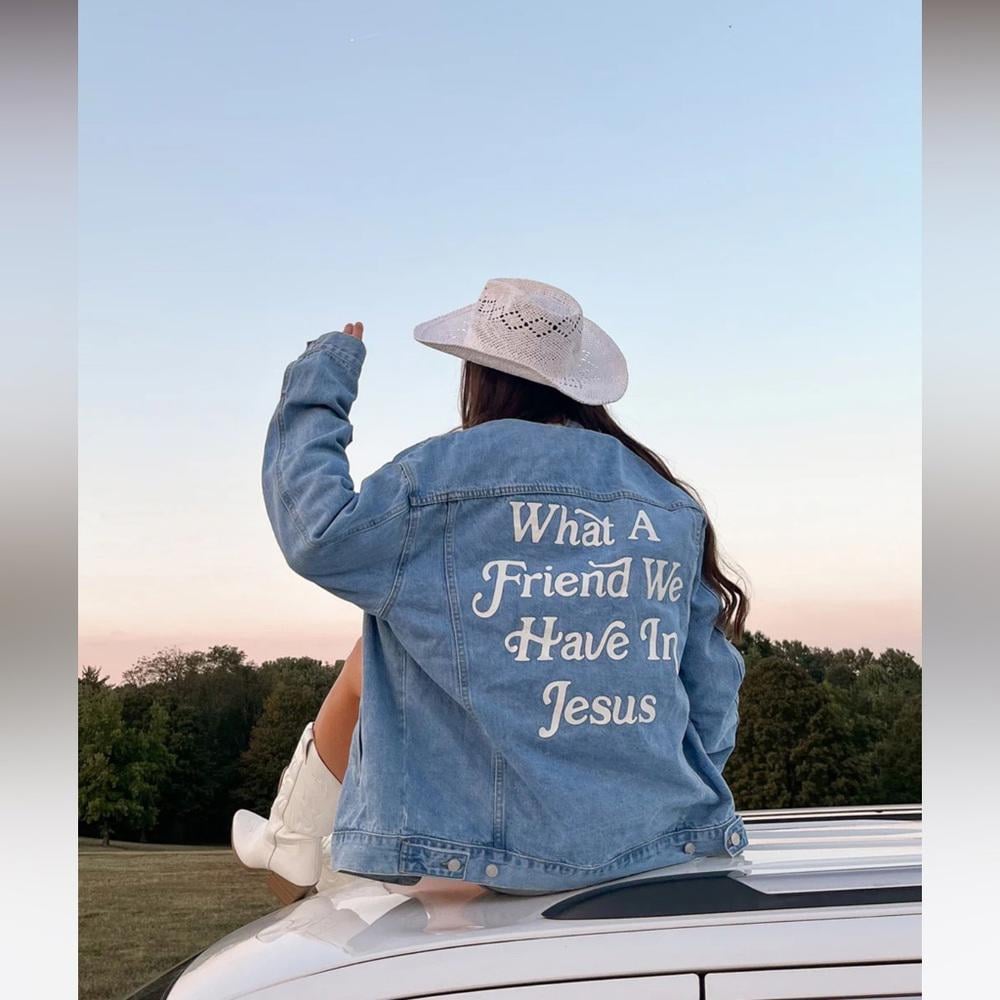 Denim Jacket with Inspirational Text extremely oversized XS