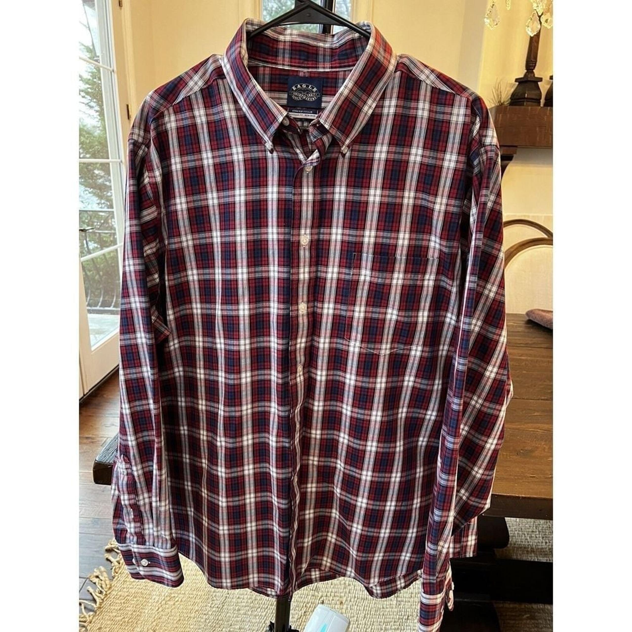 Men's Burgundy Plaid Non Iron 2XL Button down Shirt Eagle Shirtmaker Cotton EUC
