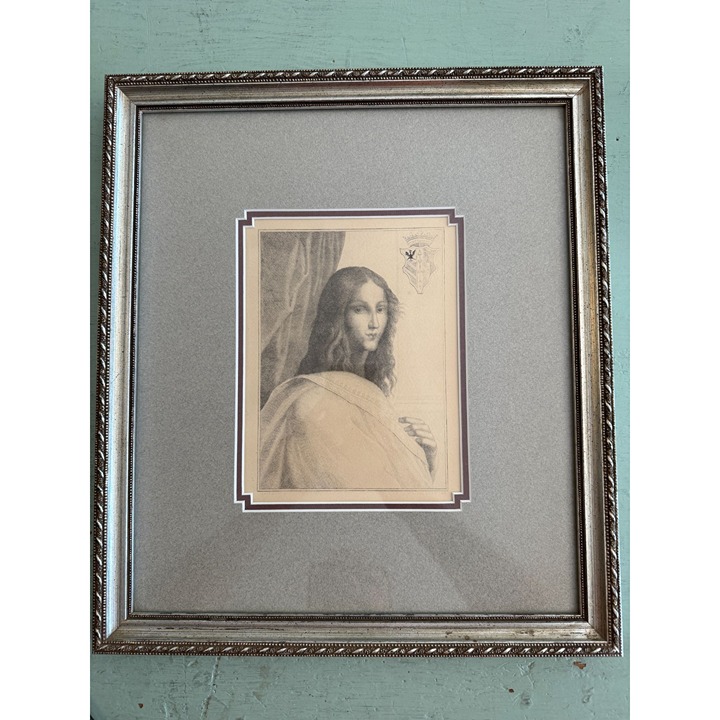 Vintage Raphael Art Lithograph or Etching of Woman With Coat of Arms Framed