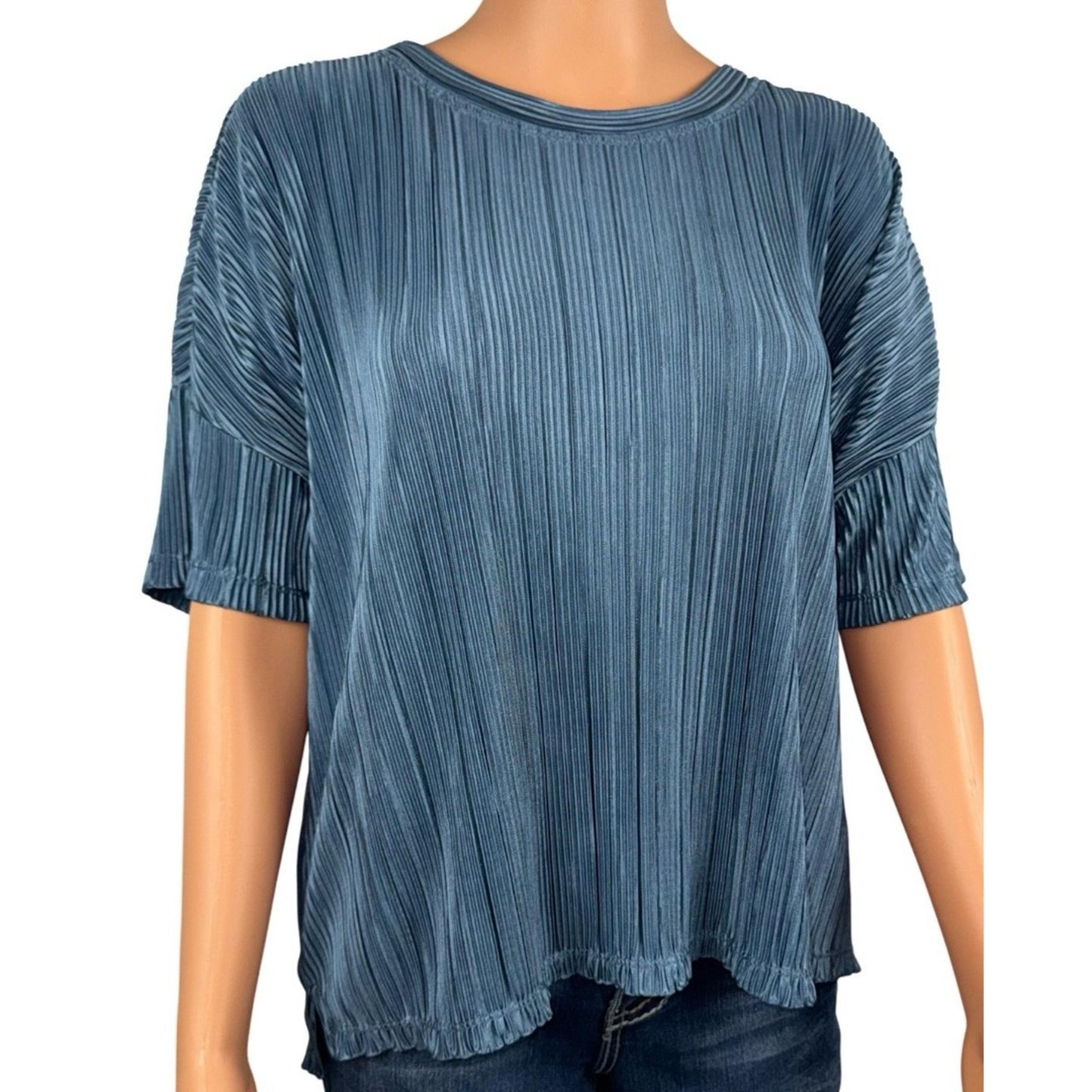 Andrew Marc Womens Large Blue Plisse Top Blouse Short Sleeve Ladies New