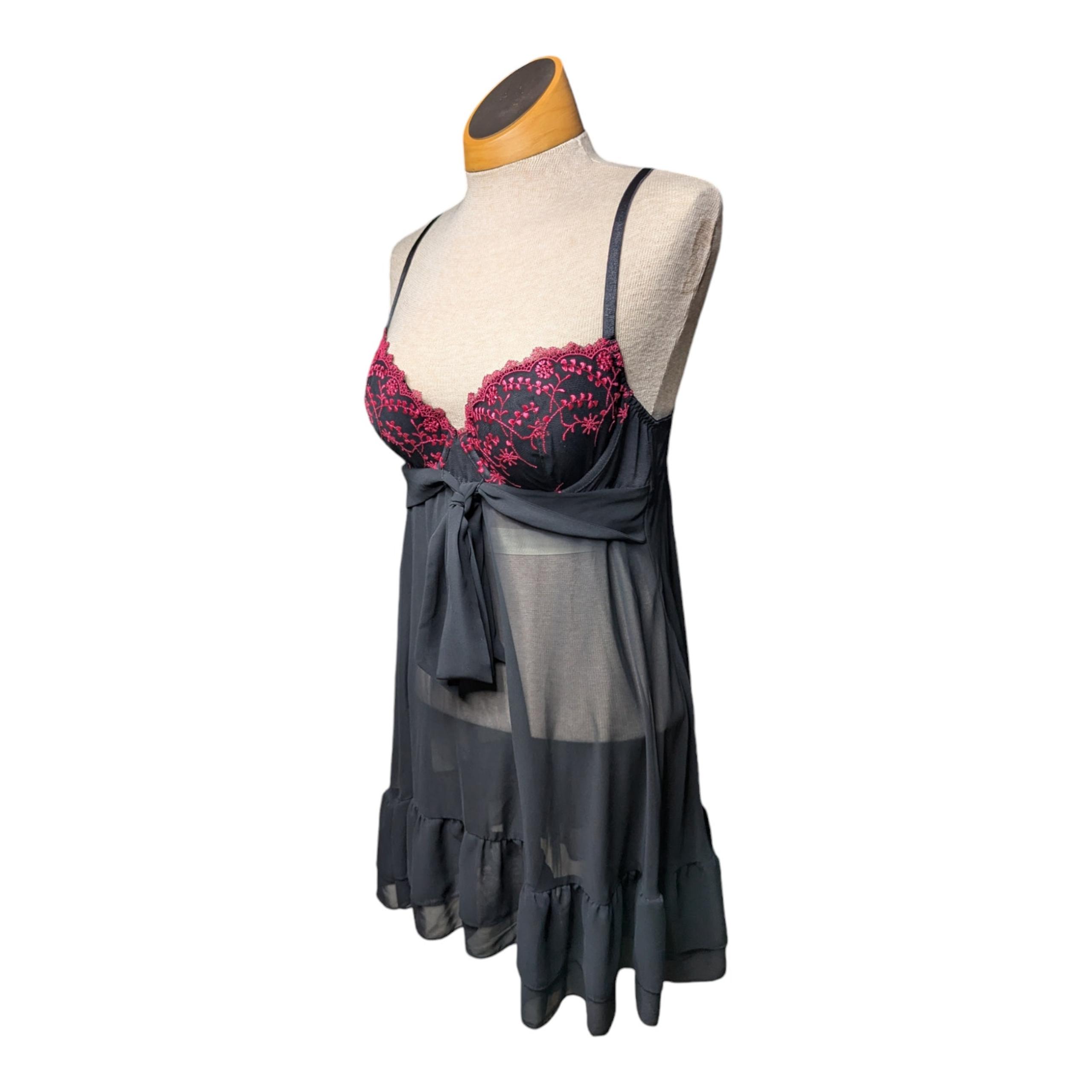 Vtg Y2K Inner Secrets Black Pink Floral Embroidered Underwire Teddy Dress L