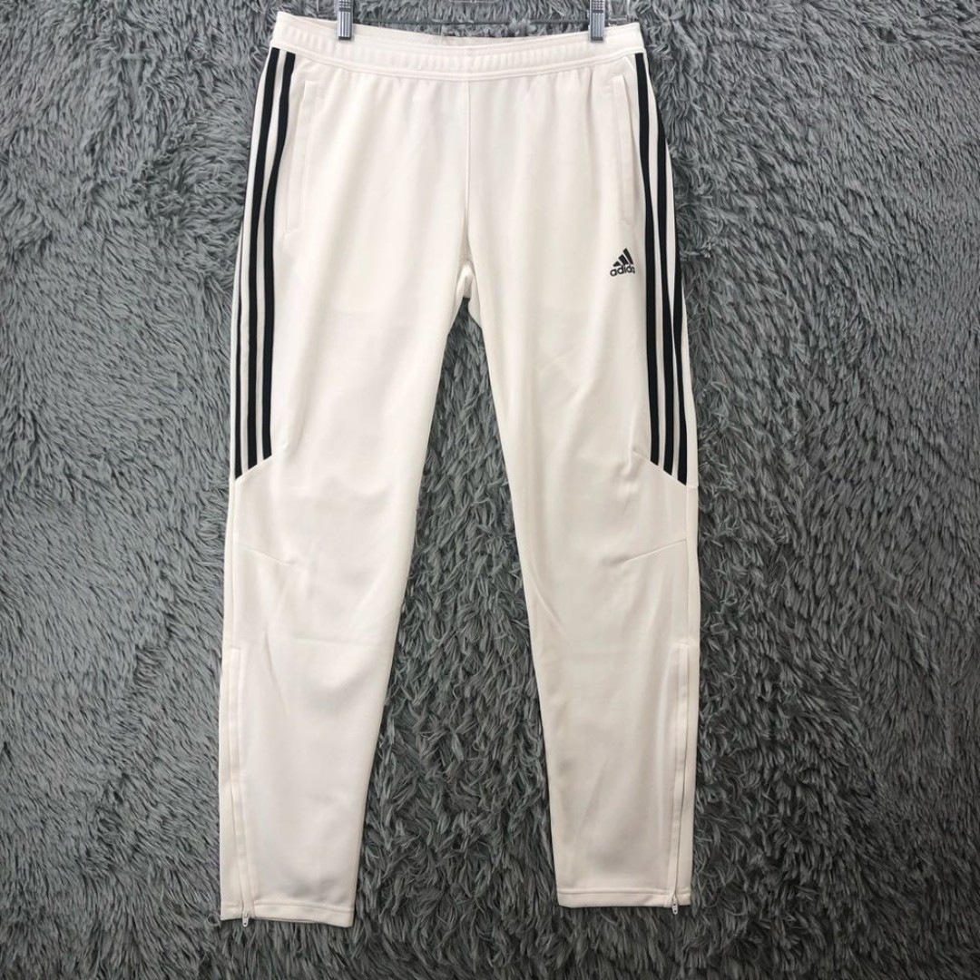 Adidas Track Pants Womens Large White 3 Stripe Pockets Drawstring Zipper Hem