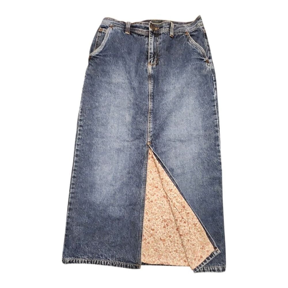 Eddie Bauer Denim Jean Women 8 Long Maxi A-line Skirt Front Slit Pocket Lined