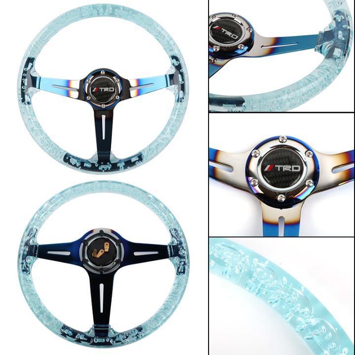 NEW JDM TRD Universal 6-Hole 350mm Deep Dish Teal Crystal Bubble Steering Wheel