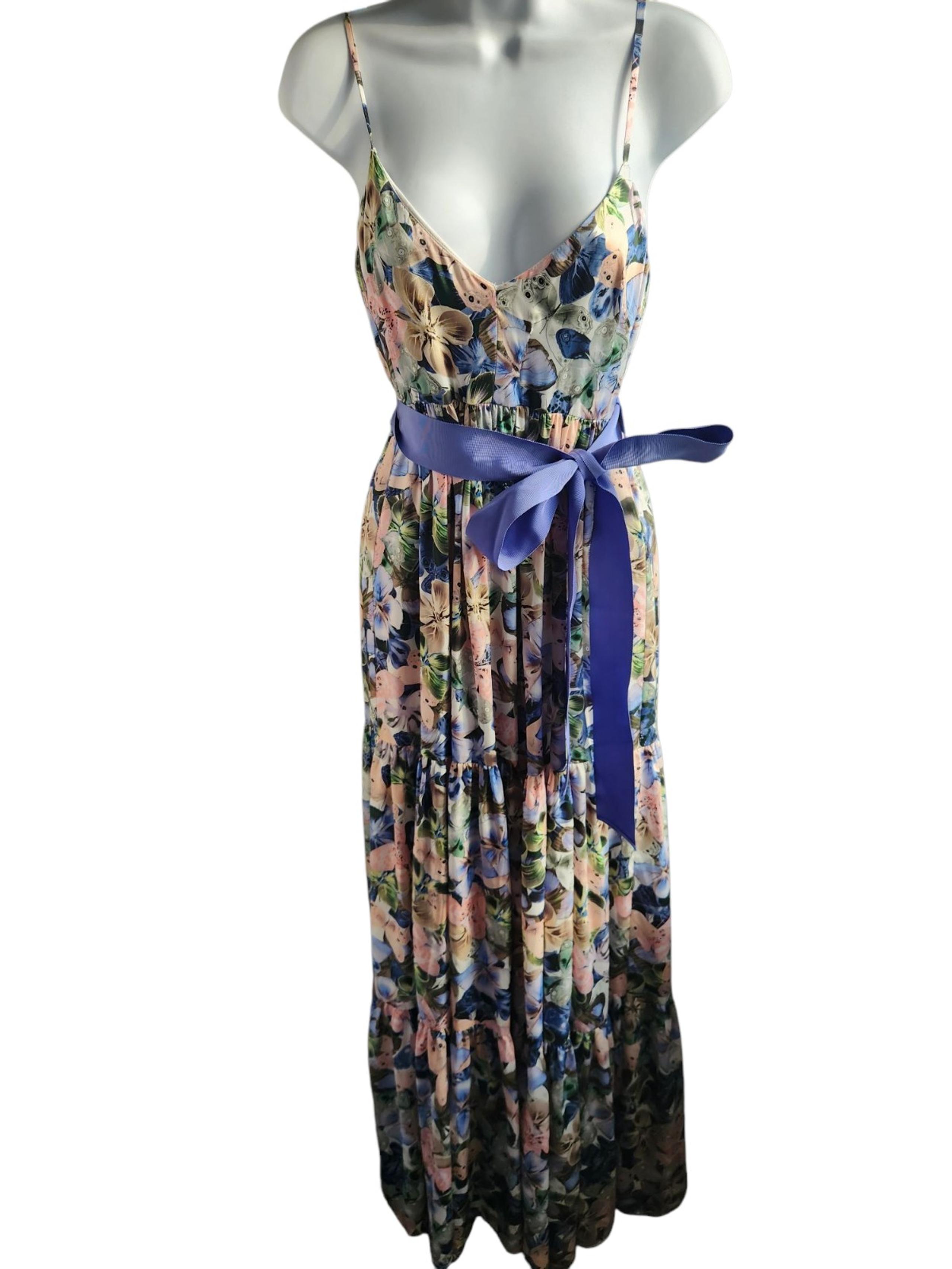 Badgley Mischka Blue Pink Butterfly Floral Belted Gown Cocktail Party Size 2