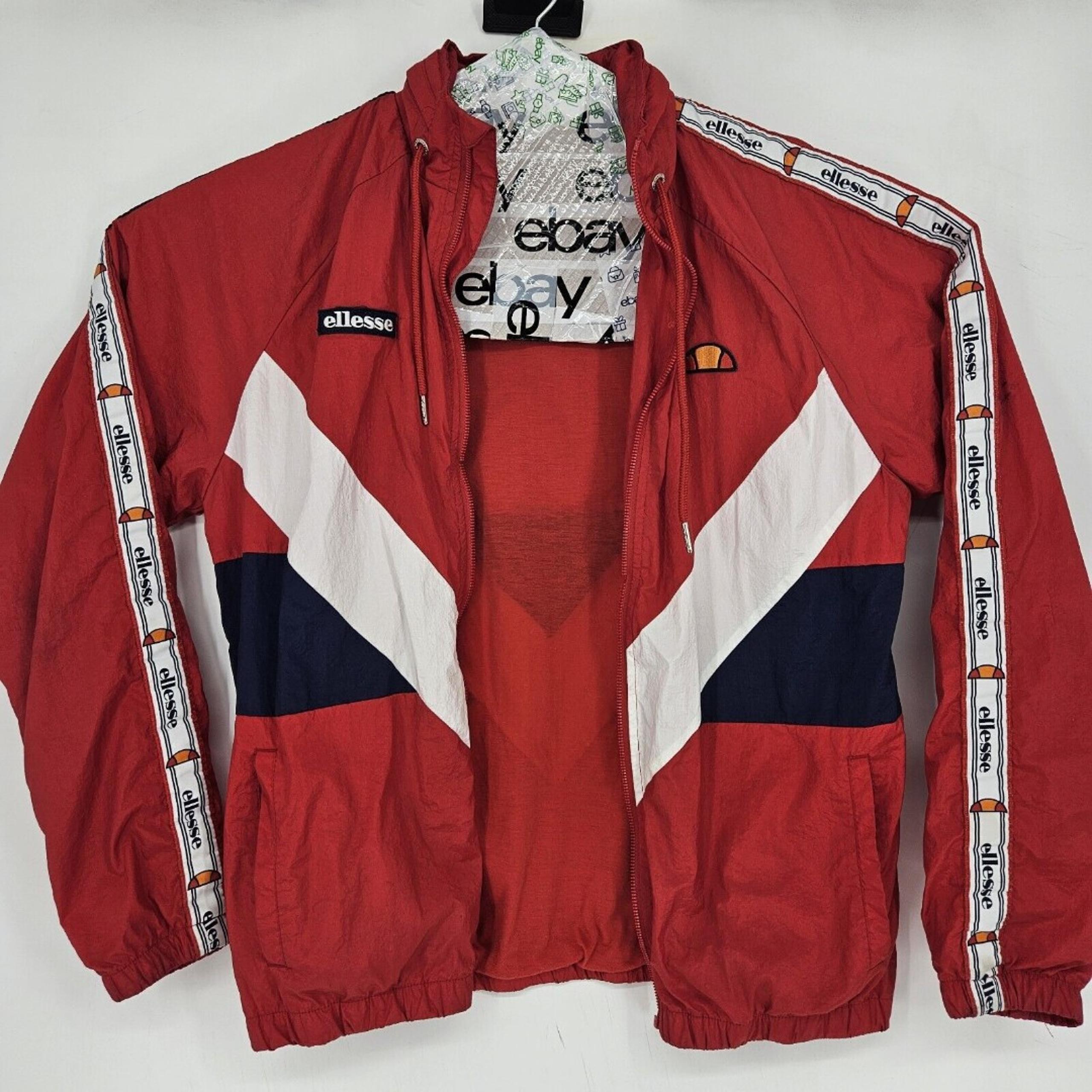 Ellesse Track Jacket Mens Large Nylon Red Navy Blue White Hooded HAS FLAWS
