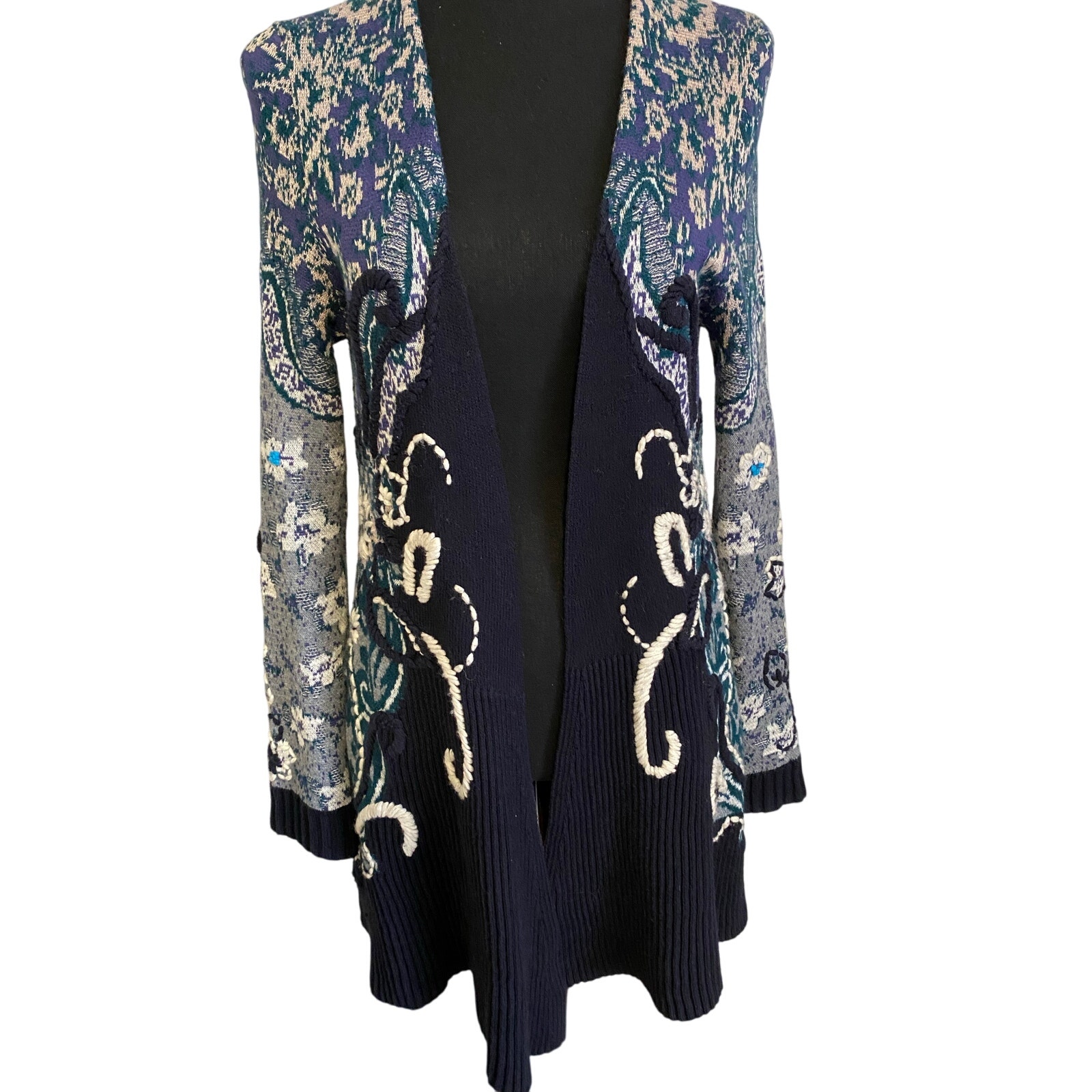 Anthropologie HWR MONOGRAM Emmia Hand Stitched Embroidered Cardigan Sweater S
