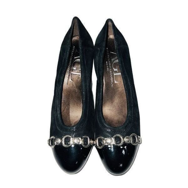 AGL Black Shimmery Leather w/Patent Leather Cap Toe Mid Heel Pumps Silver Hardwa