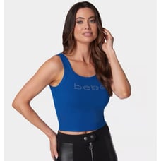 Bebe Logo Double Strap Single Stone Rib Crop Top - Galactic Cobalt, Size XS