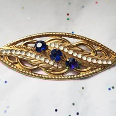 Antique Art Deco Brass Stamp Enamel Blue Jewel Pin Brooch