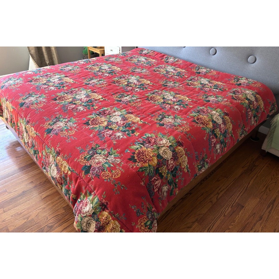 Vtg Ralph Lauren AYLESBURY Queen Comforter Bedspread Woven Red Floral Barkcloth