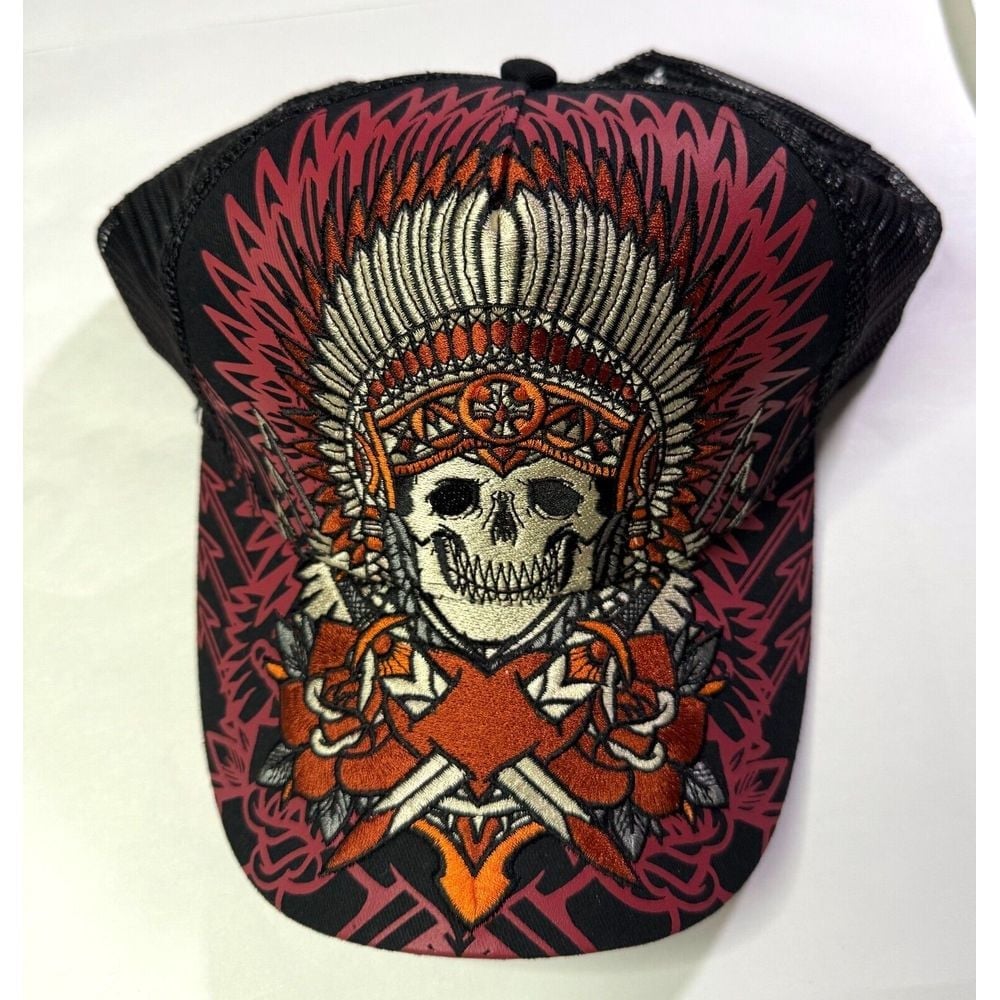 Affliction Cap Men One Size Black Mystic Helper Skull Chief Snapback Trucker Hat