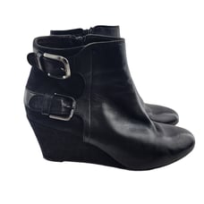 AGL Wedge Heel Ankle Booties Womens 37.5 7.5 Black Leather Rocker Glam Buckles