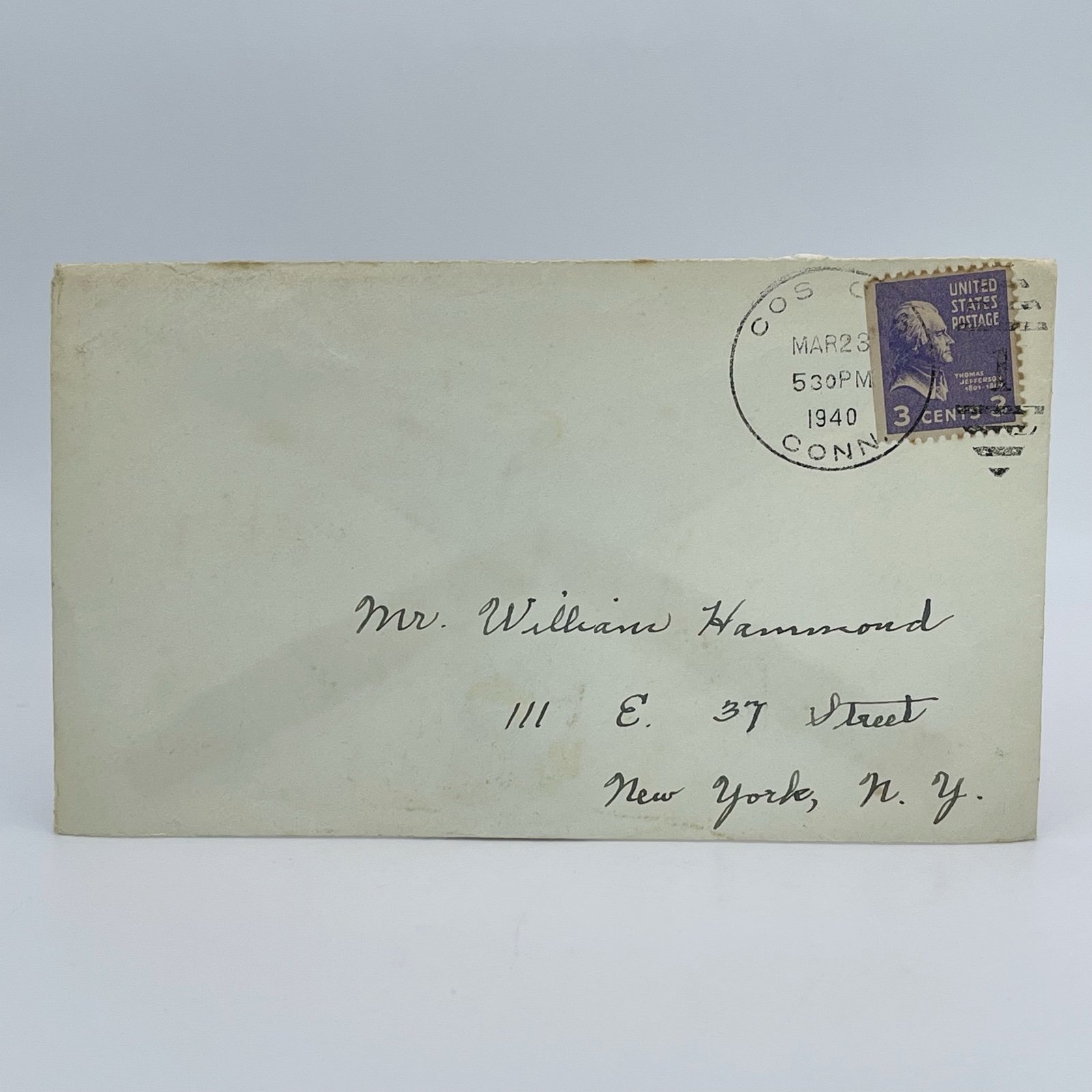 #807a 1938 3c Thomas Jefferson (The Prexies) Violet Stamp Postmarked Envelope