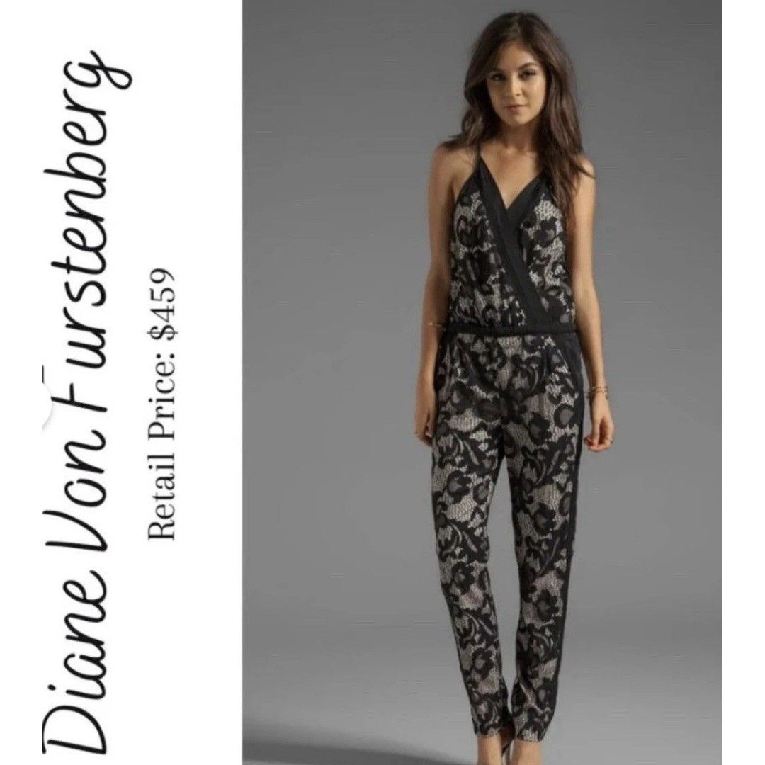 Diane von Furstenberg Size 0 Shany Lace Silk Blend Jumpsuit in Nougat and Black