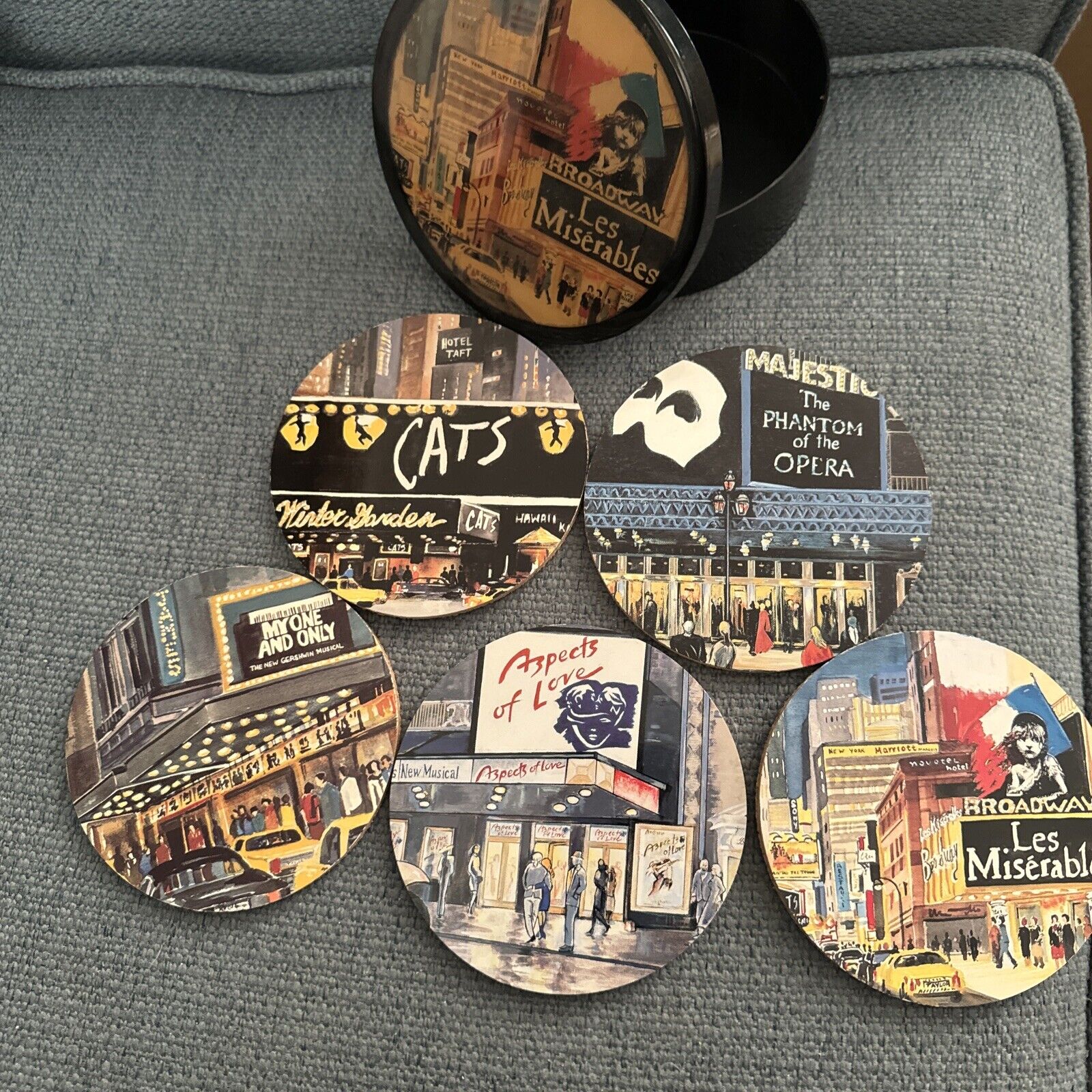 Broadway Coaster Set, Les Miserables,Cats,Phantom, Aspects of Love, With Case