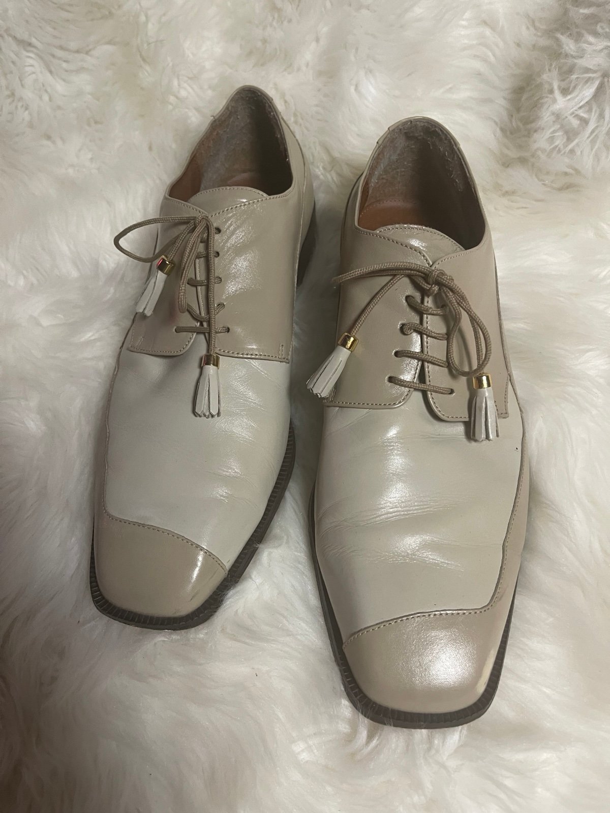 Marco Vicci leather beige and taupe men’s shoes lace with tassel accent SZ13M. P