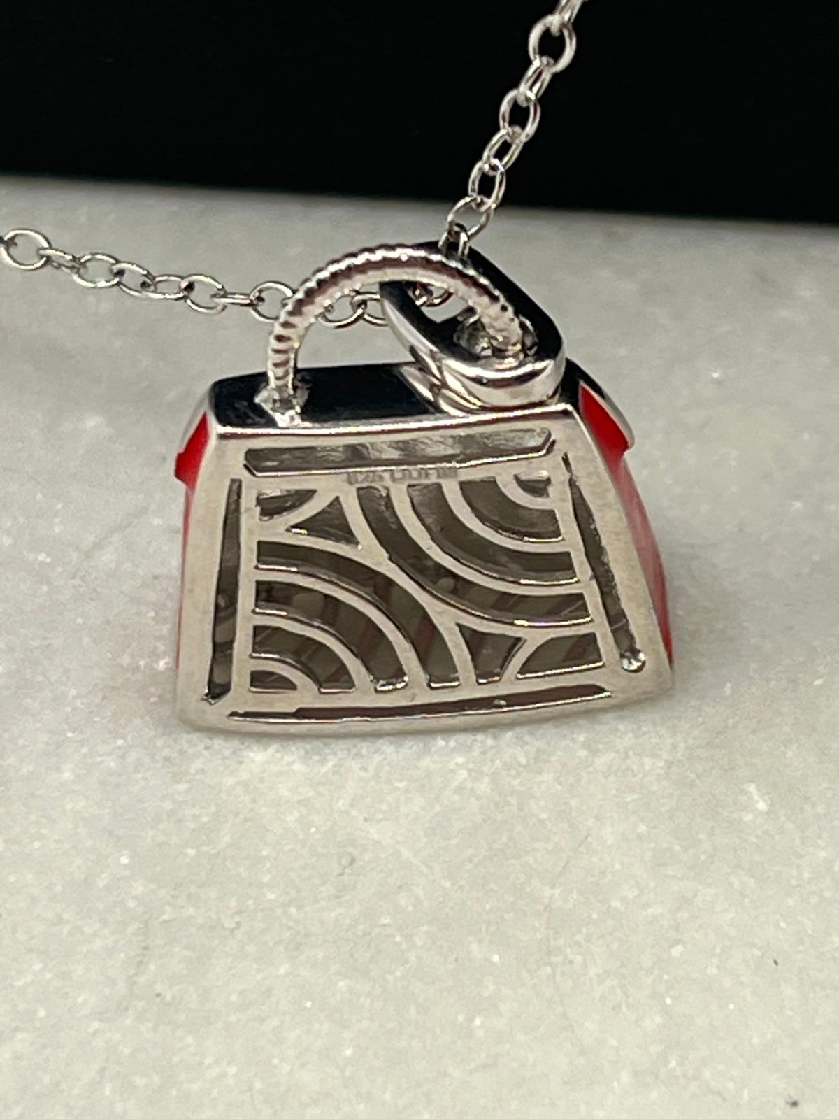 Red Enameled Handbag Pendant w/ Natural Diamond & Sterling Silver Necklace - 20