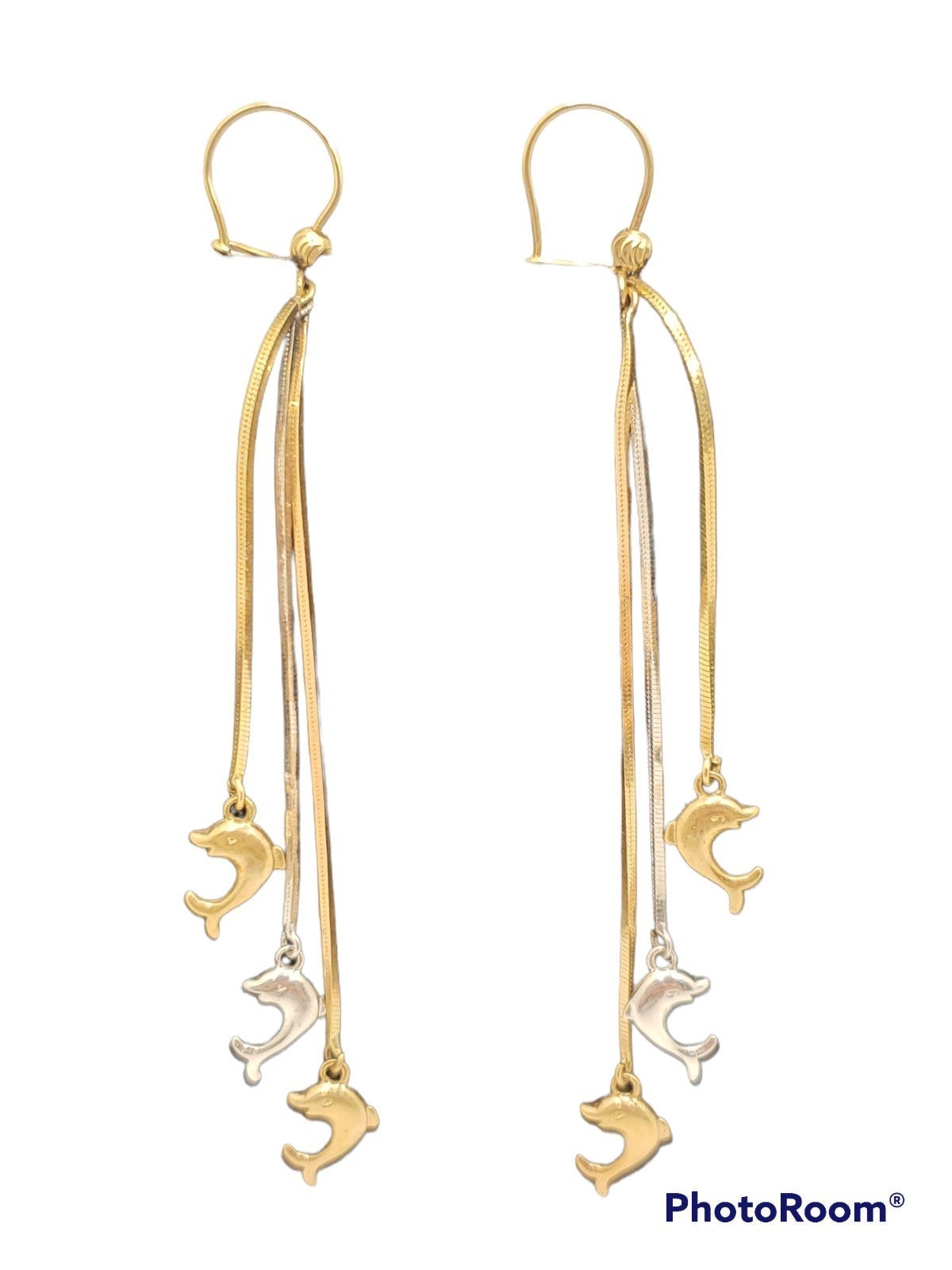 14k Yellow, Rose and White Gold Dolphin Dangle Earrings for Girls and Women