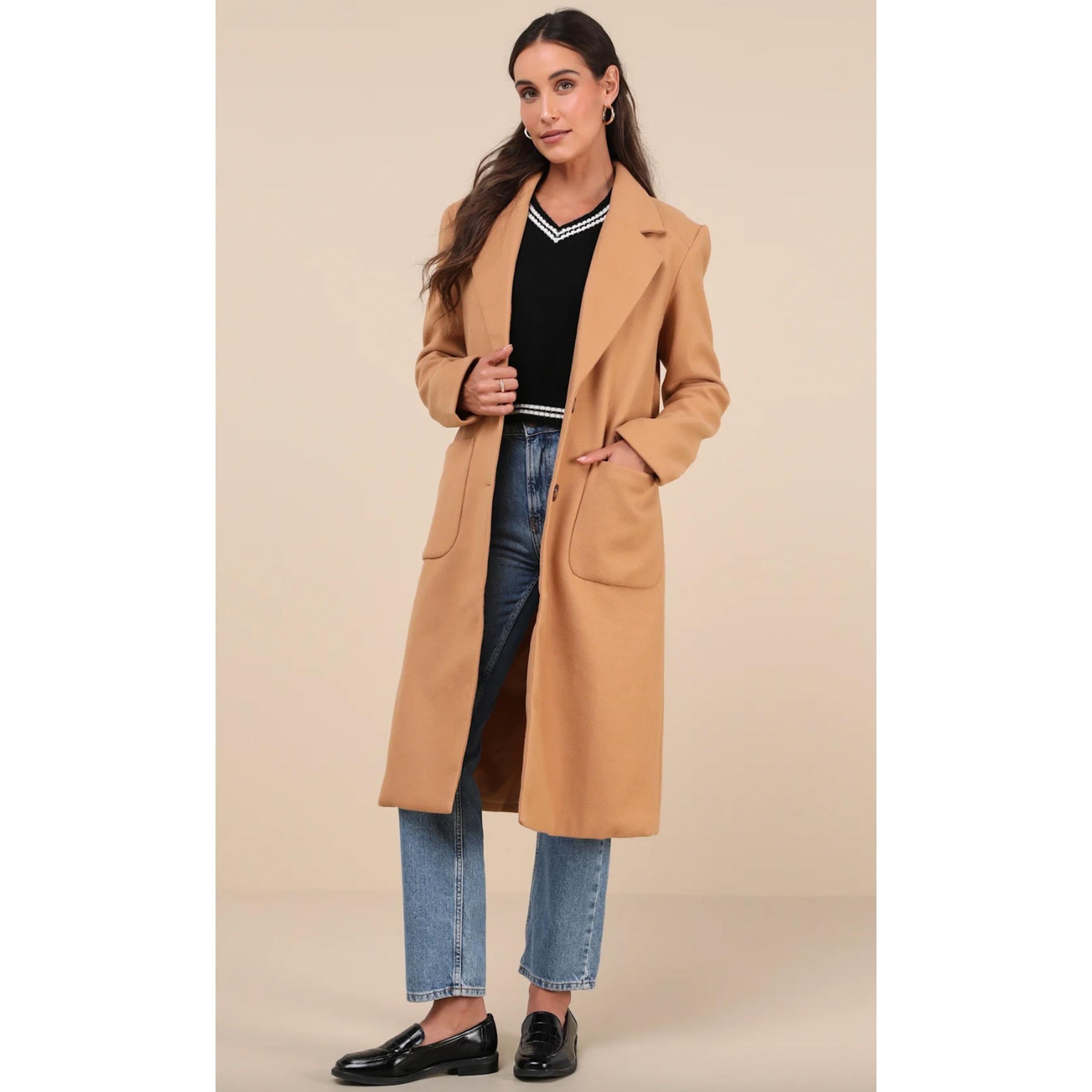 Lulus Style Squad Tan Long Coat Button Down Classic Overcoat Camel Size Medium