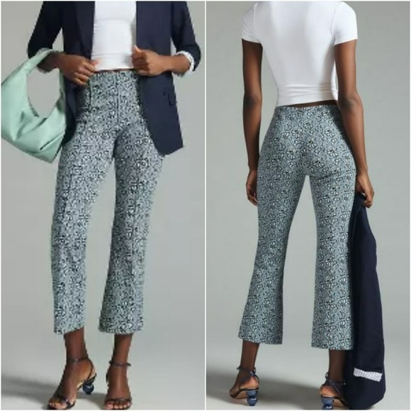 Anthropologie New The Margot Kick Flare Cropped Blue Floral Pants Size Medium
