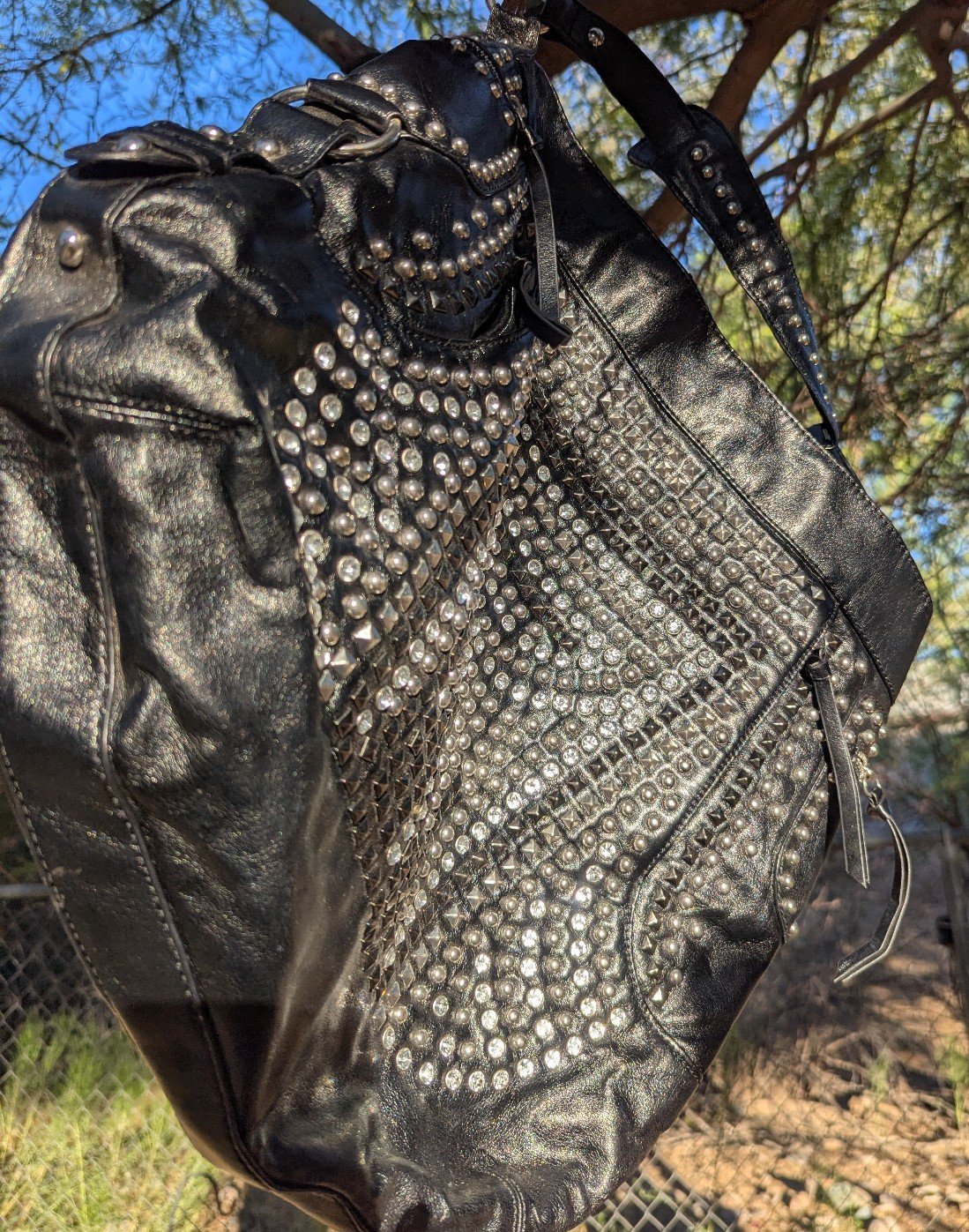 Black Silver Studded Shoulder Bag Bucket Bag - Hobo Tote Large Beautiful