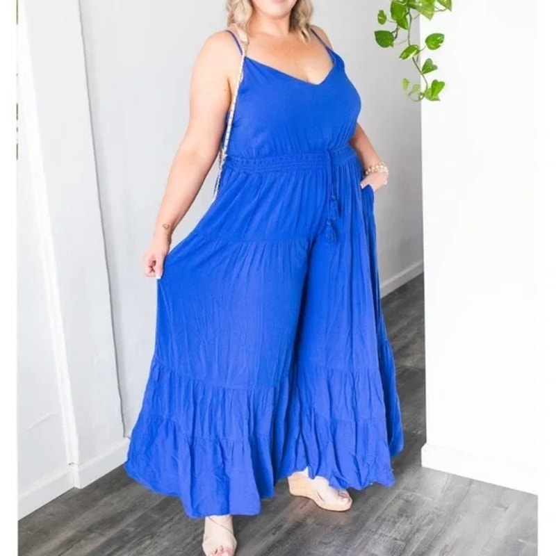 Davi and Dani Womens Wide Leg Jumpsuit Plus Size 1X Royal Blue Tiered Ruffle