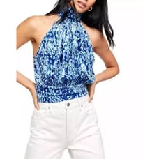 Free People Women's Take a Break Velvet Halter Top Blue Combo Boho Festival SZ M