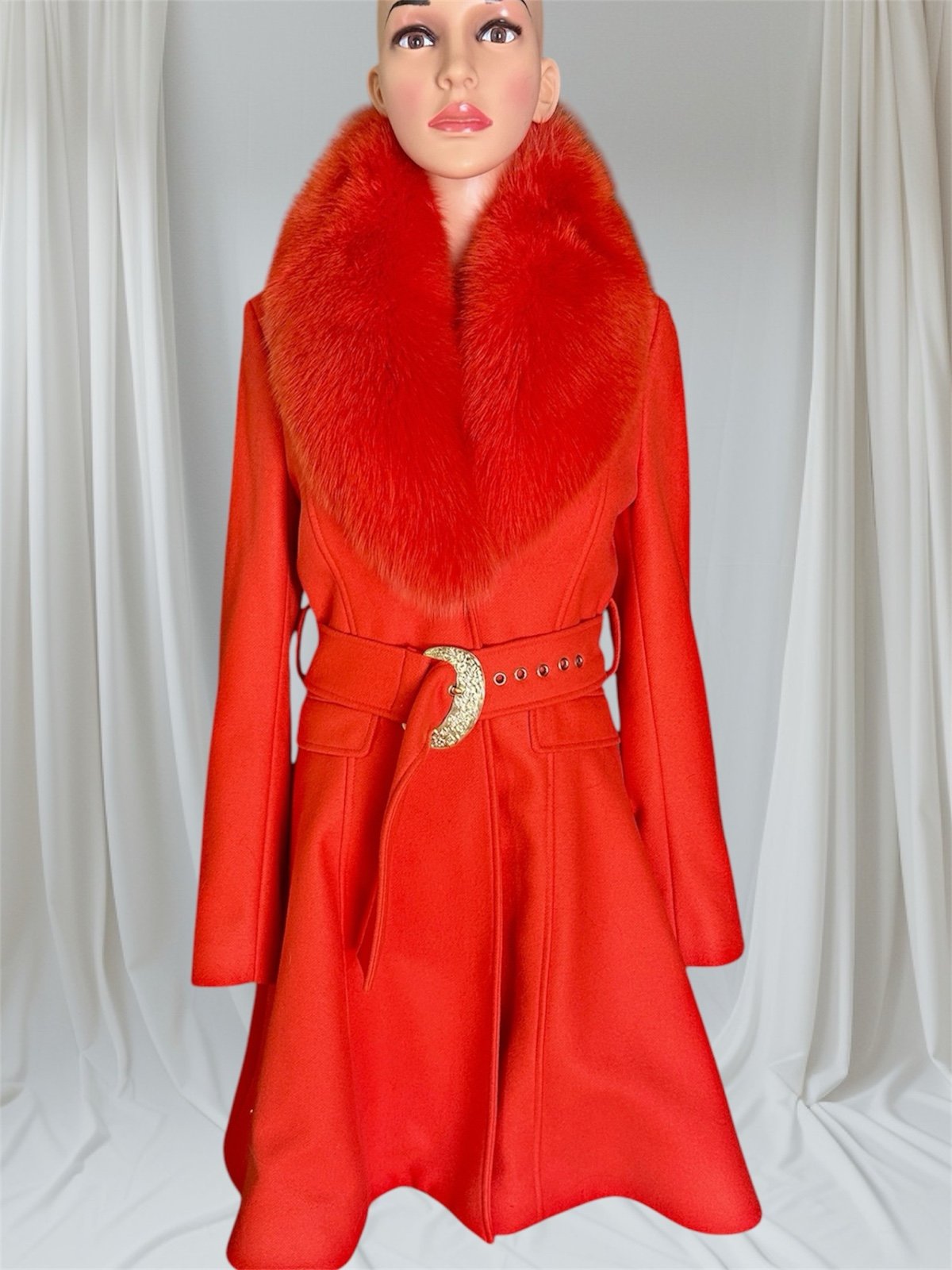 Coat FLAVIO CASTELLANI REAL FOX FUR bright red size 40 Italiane made in Italy