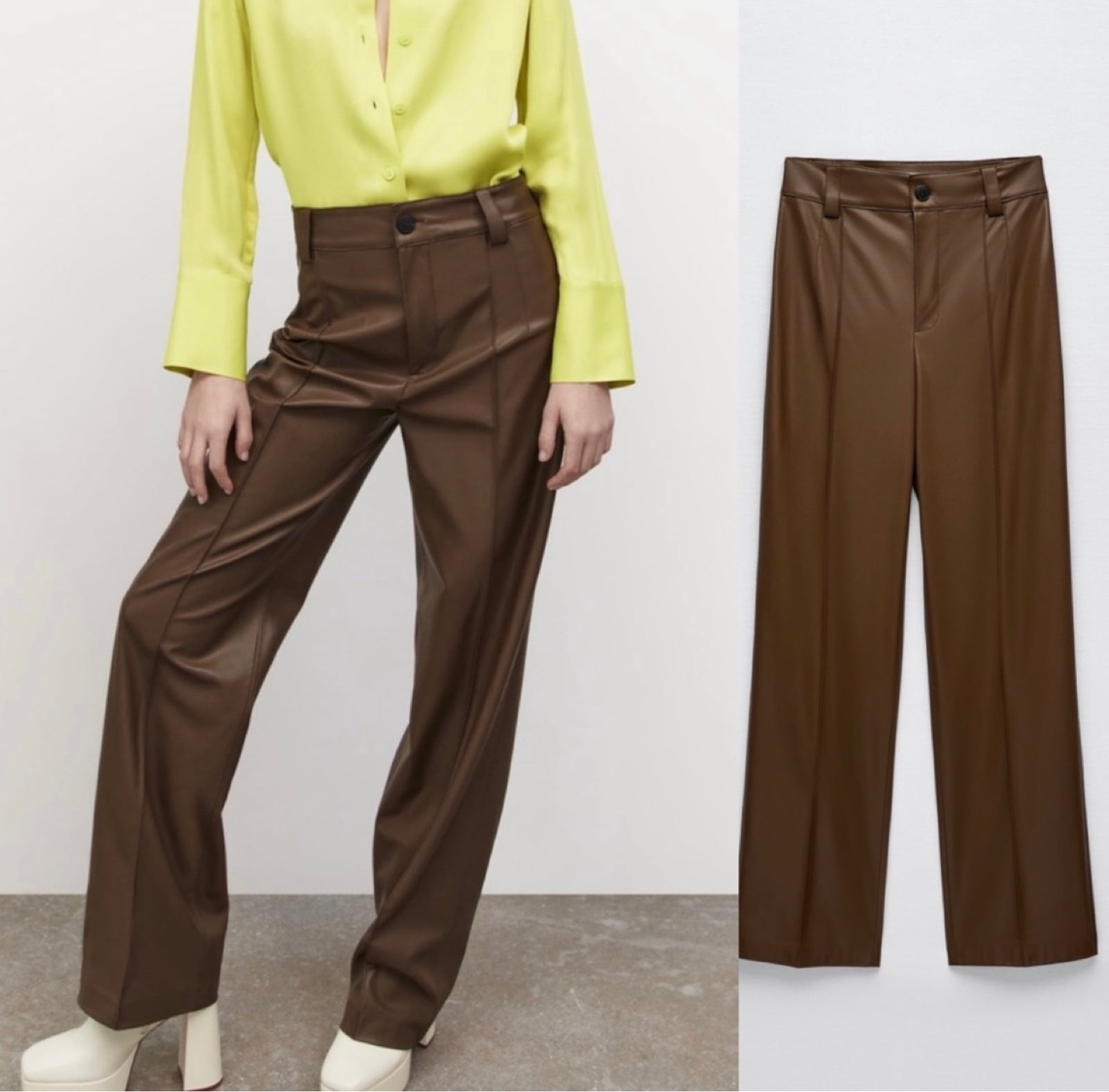 NWOT Zara XS The Francoise Brown Faux Leather Straight Leg Full Length Pants