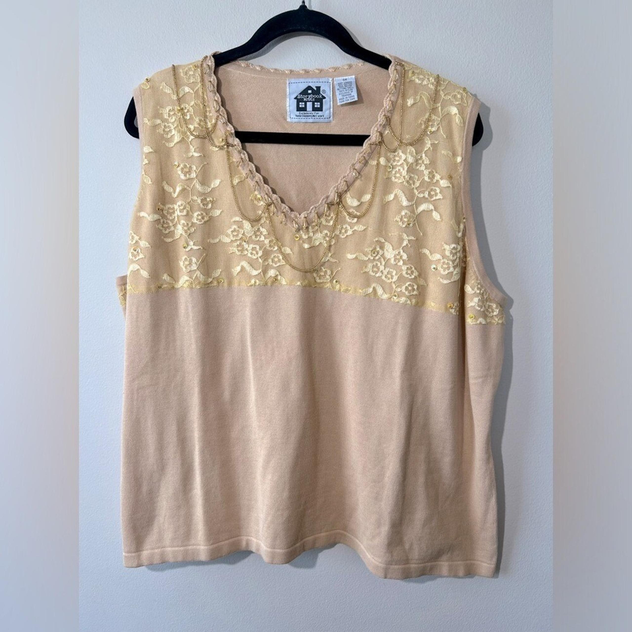 Storybook Knits Embellished Tan and Gold Tank Top Women 3X Vintage Plus Boxy Cut