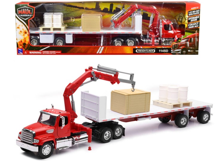 Freightliner 114SD Flatbed Truck with Crane Red with Accessories Long Haul