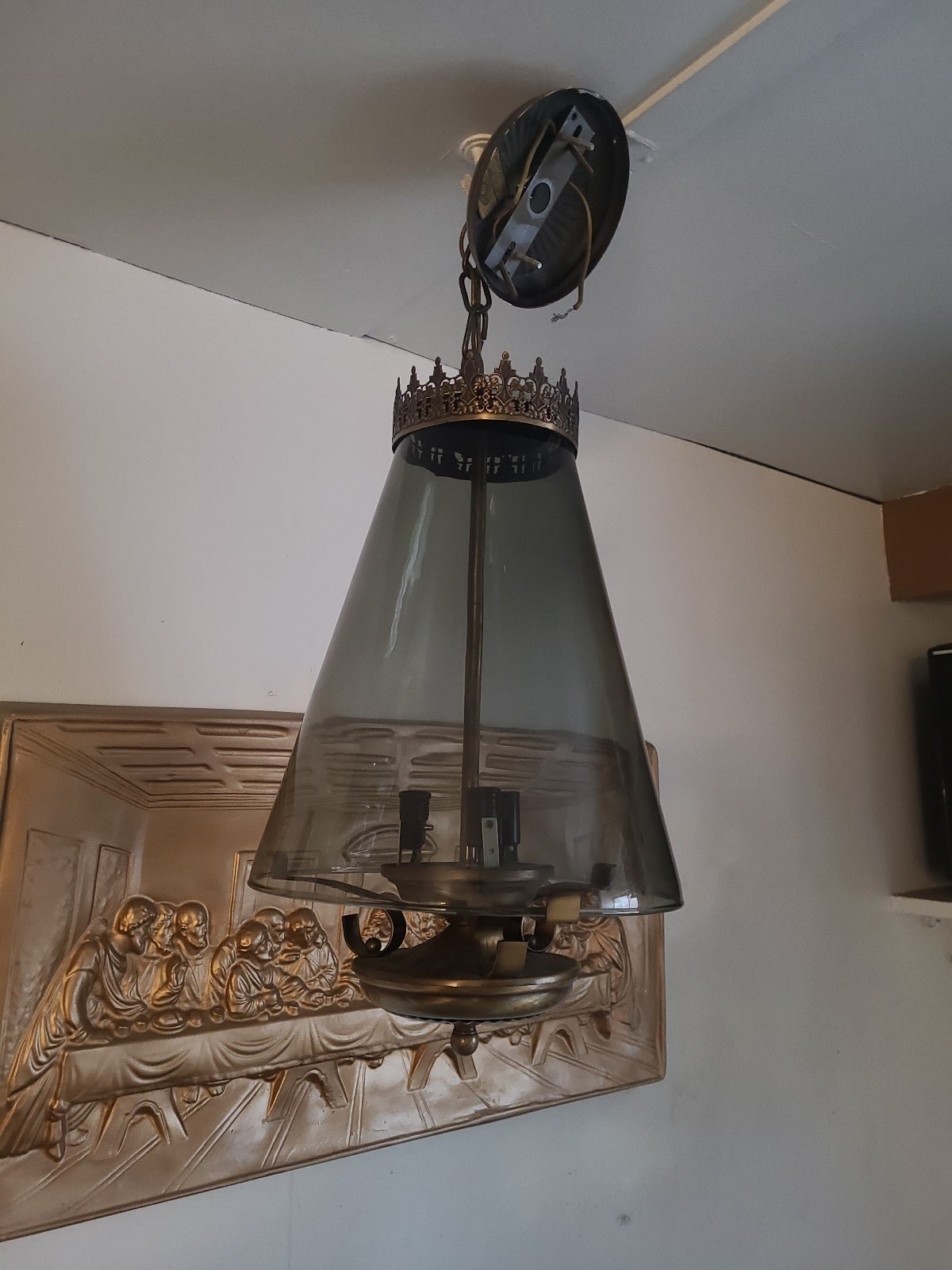 Antique pendant light w/large smoked glass shade