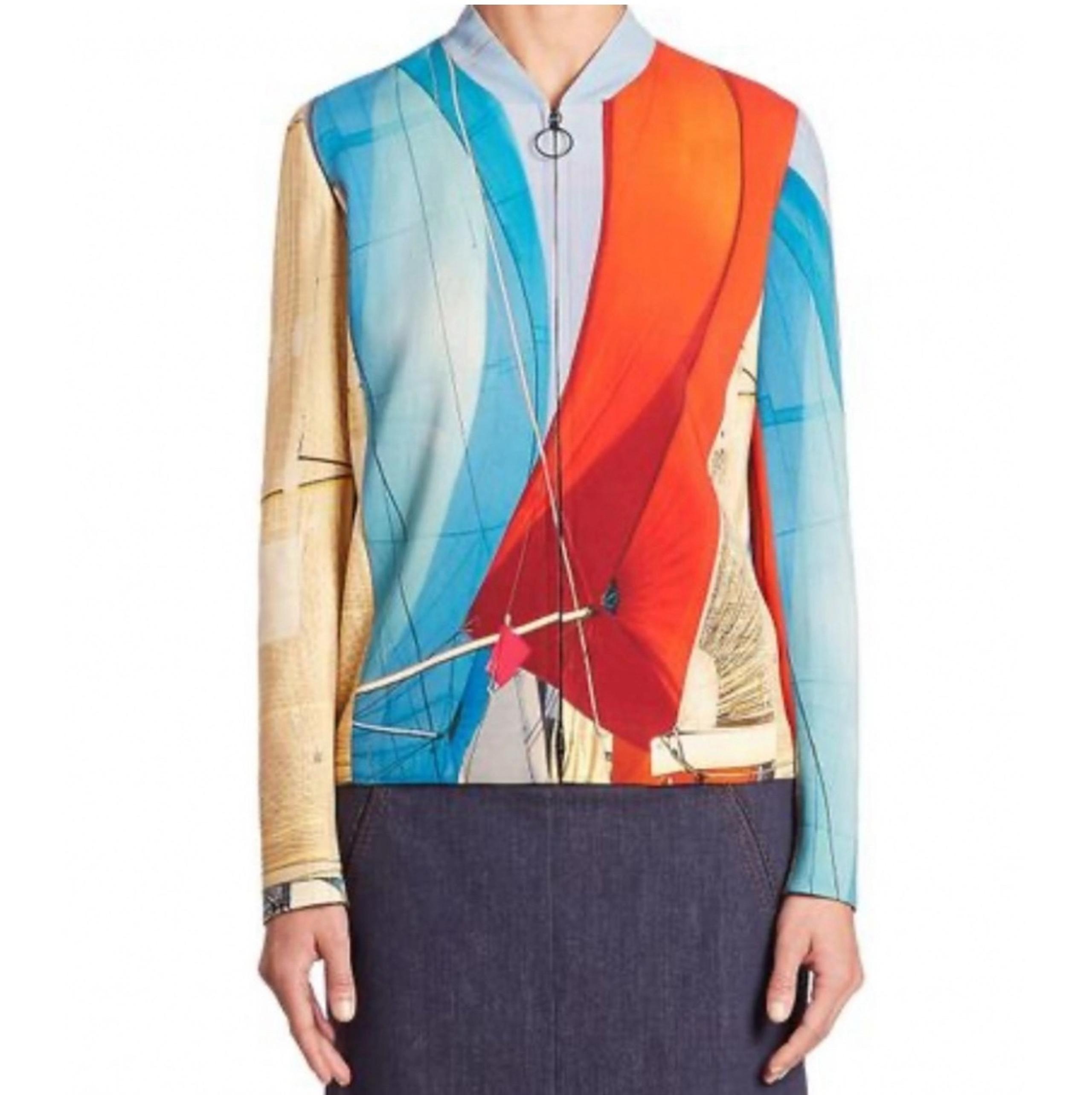 AKRIS PUNTO Jacket Multicolor Mainsail Print Crepe Bomber Pockets Zip Up Sz 2