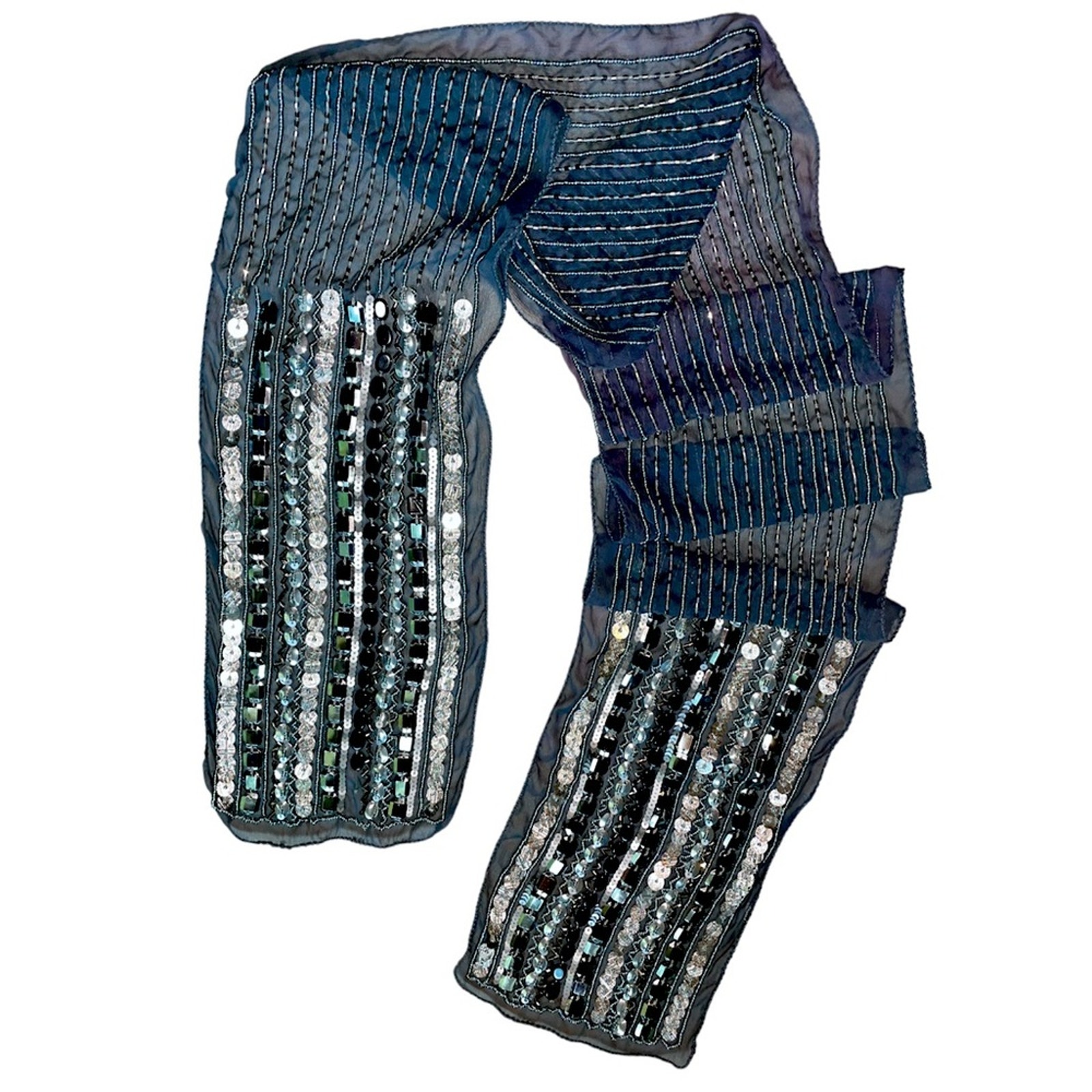 Silver Beaded & Sequin Long Silk Scarf