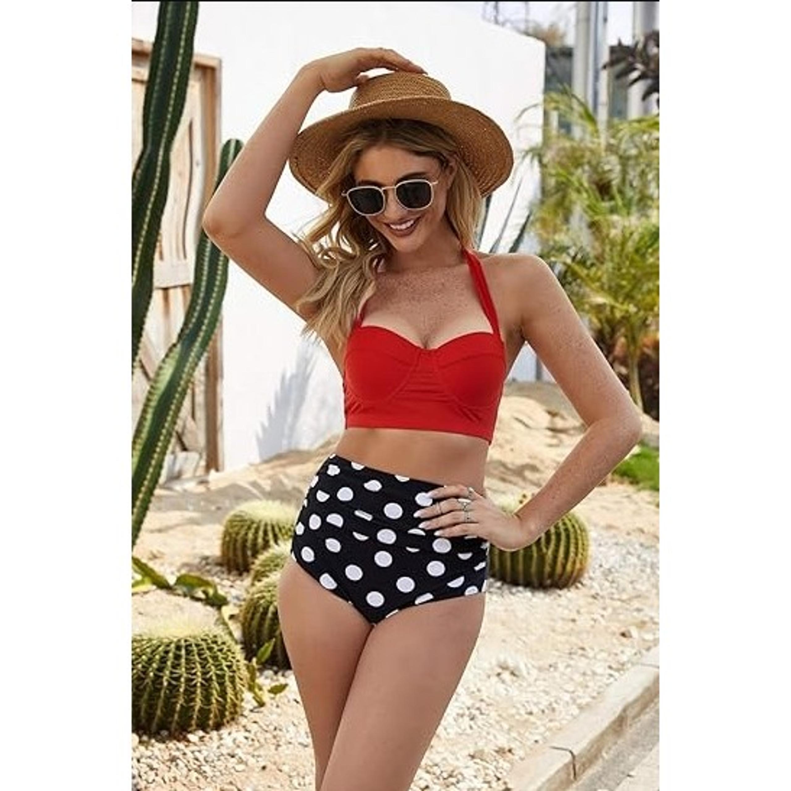 NEW Cherry Cat Retro Polka High Waisted Underwire Bikini Two Piece Swimsuit L