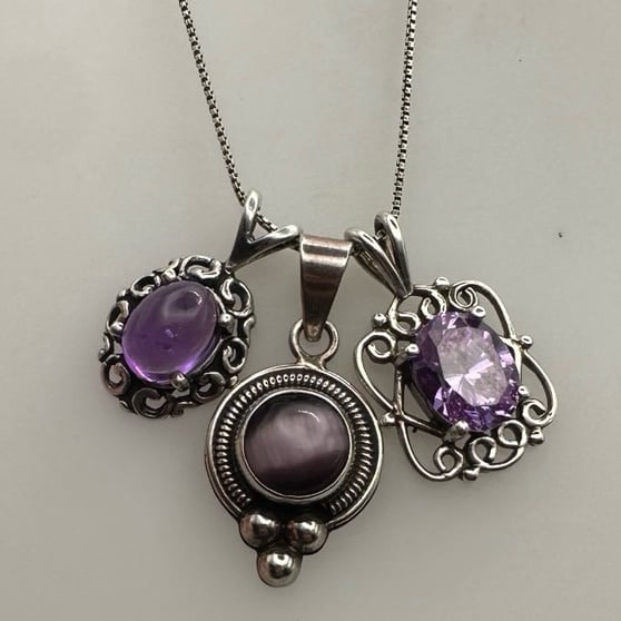 3 Sterling Silver Purple Gemstone Pendants Necklace